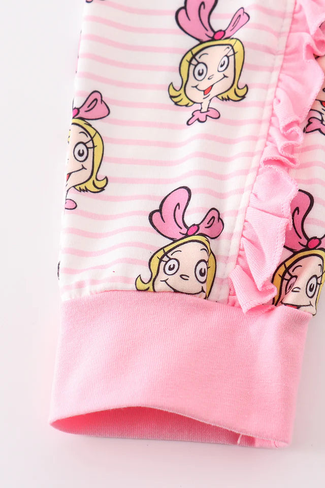Pink Stripe Character Print Zipper Girl Pajamas