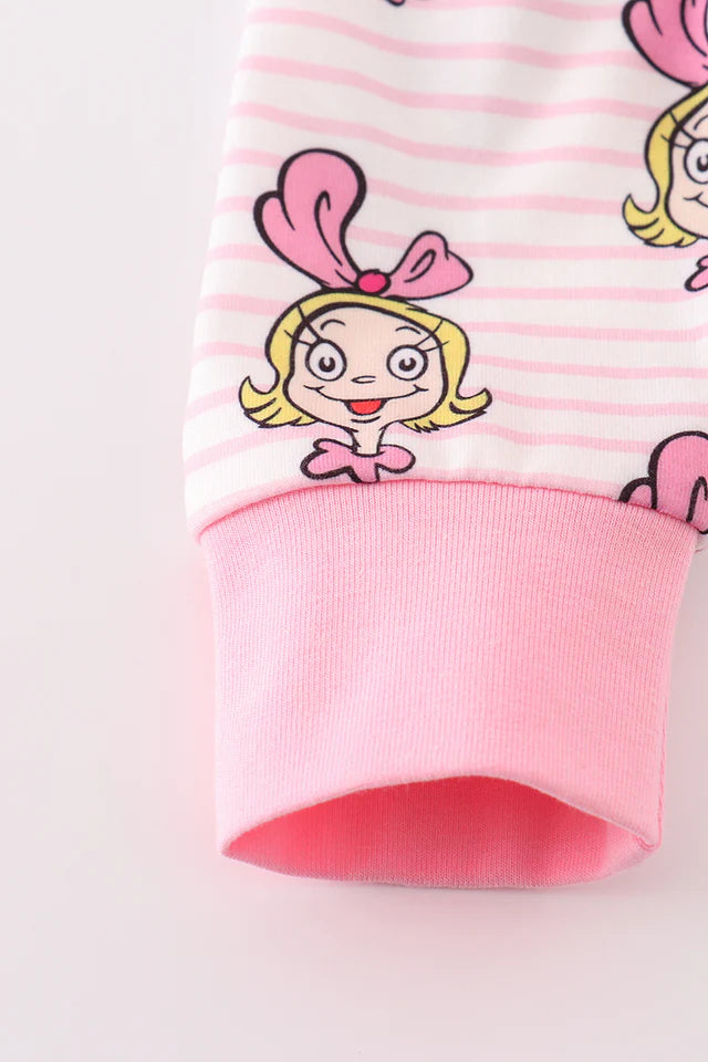 Pink Stripe Character Print Zipper Girl Pajamas