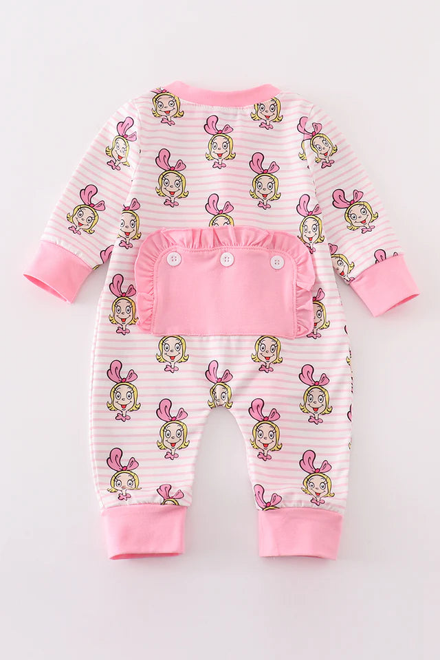 Pink Stripe Character Print Zipper Girl Pajamas