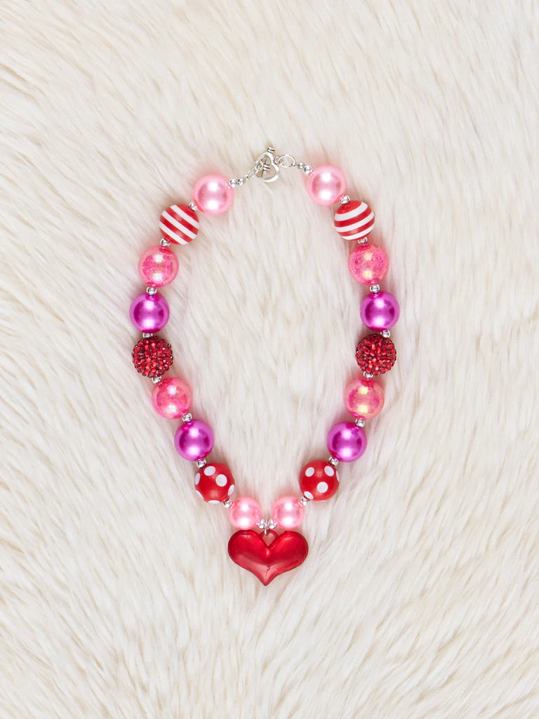 Pink and Red Heart Charm Bubblegum Necklace