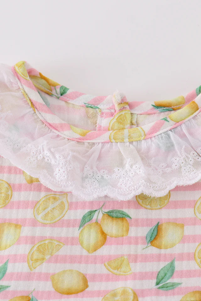 Premium Pink Muslin Stripe Lemon Ruffle Dress