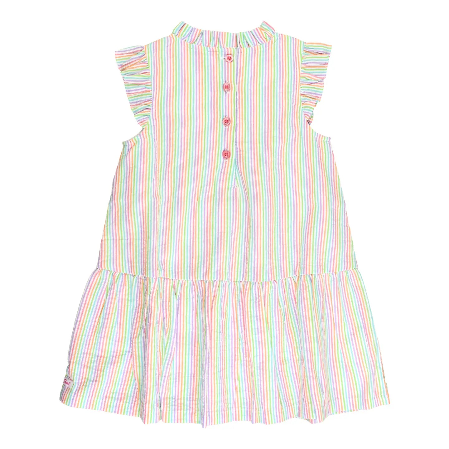 Rainbow Seersucker Mock Neck Sleeveless Flutter Dress