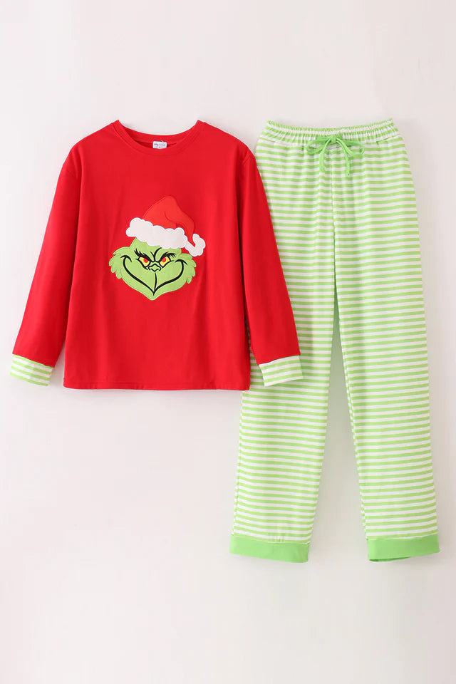 Red Christmas Grinch Applique Adult Pajamas