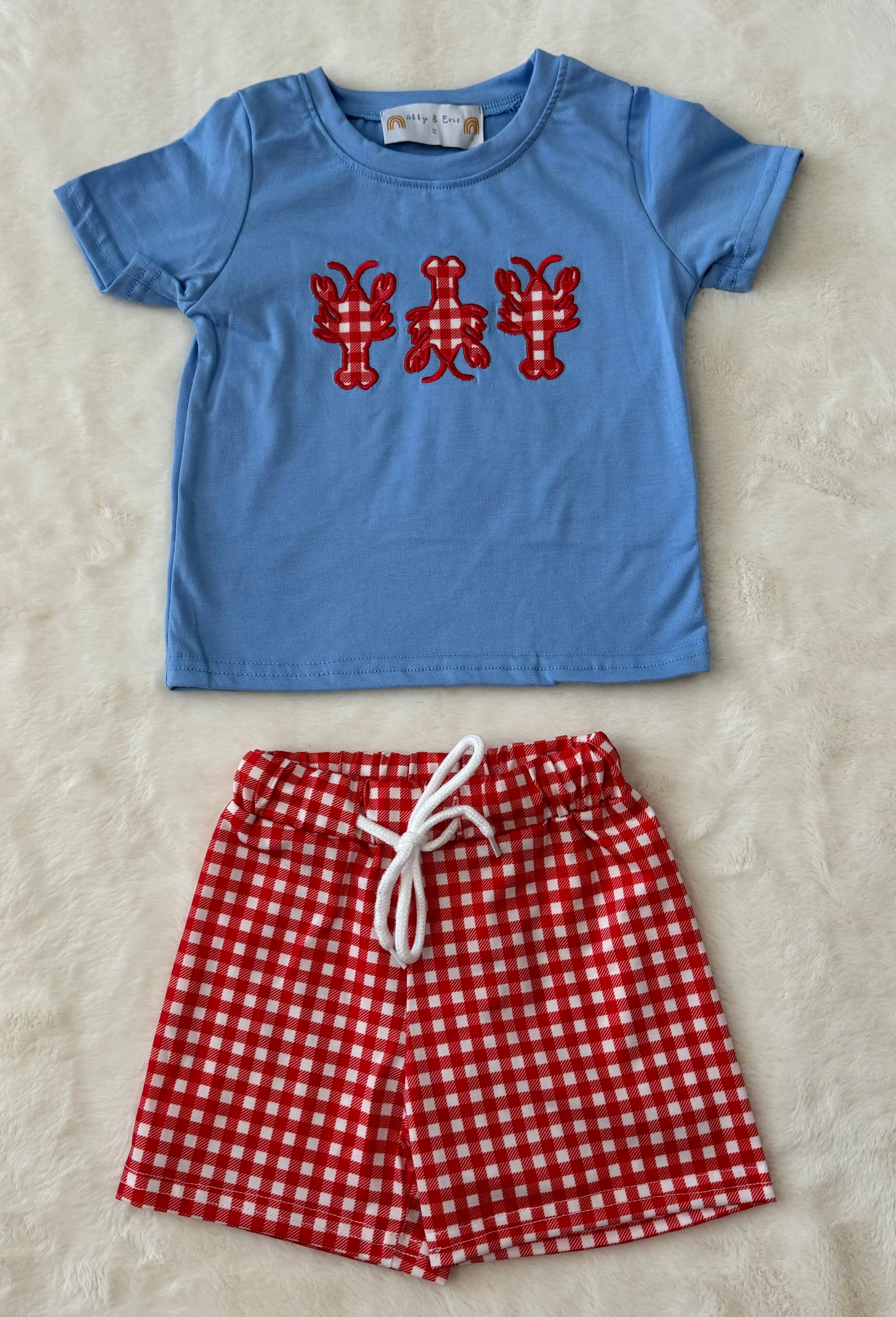 Red Plaid Lobster Applique Boy Set