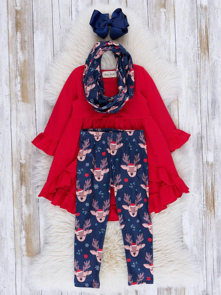 Red and Blue Reindeer Ruffle Outfit With Scarf