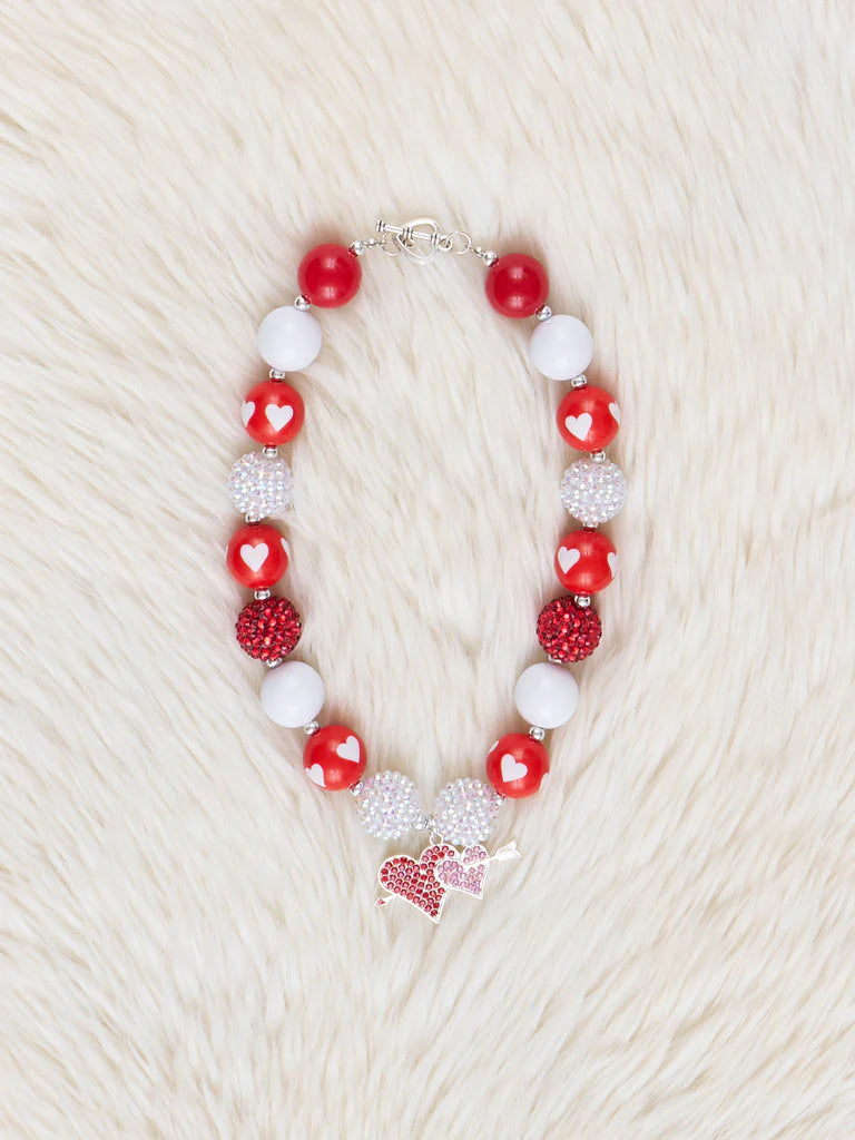 Red and Silver Sparkle Hearts Charm Bubblegum Necklace