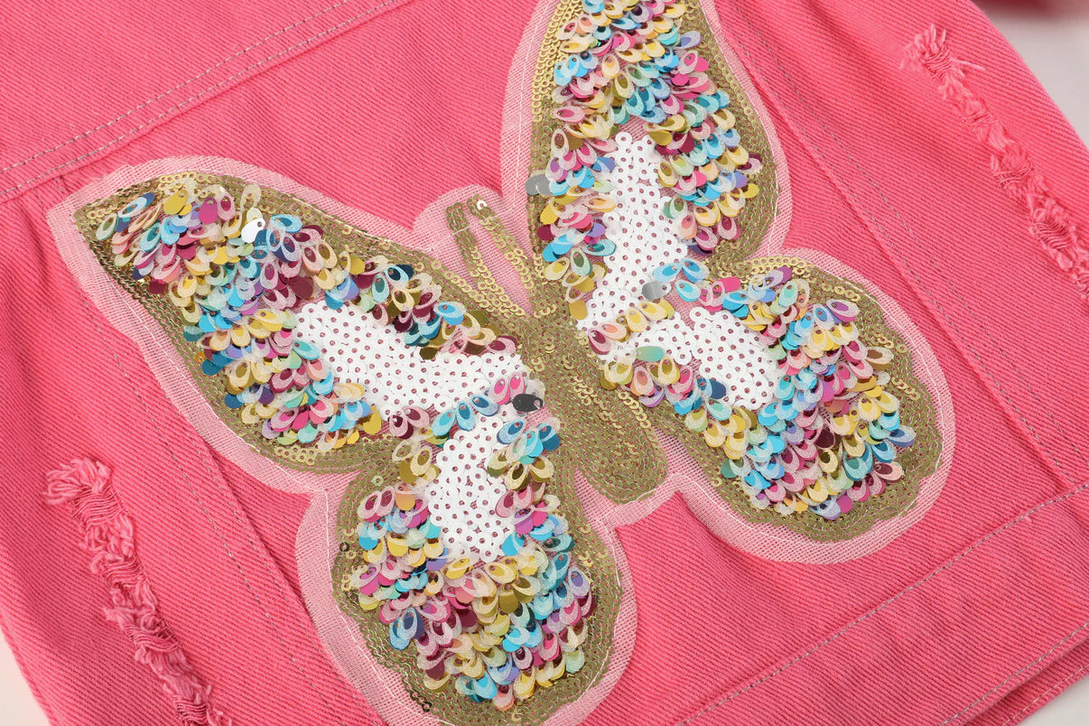 Ruffles - Pink Butterfly Sequin Denim Jacket