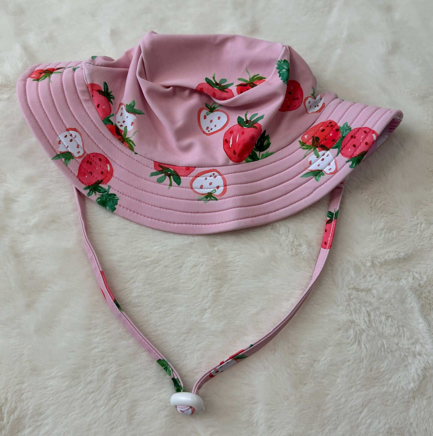 White and Pink Stripe Strawberry Print Sun Hat