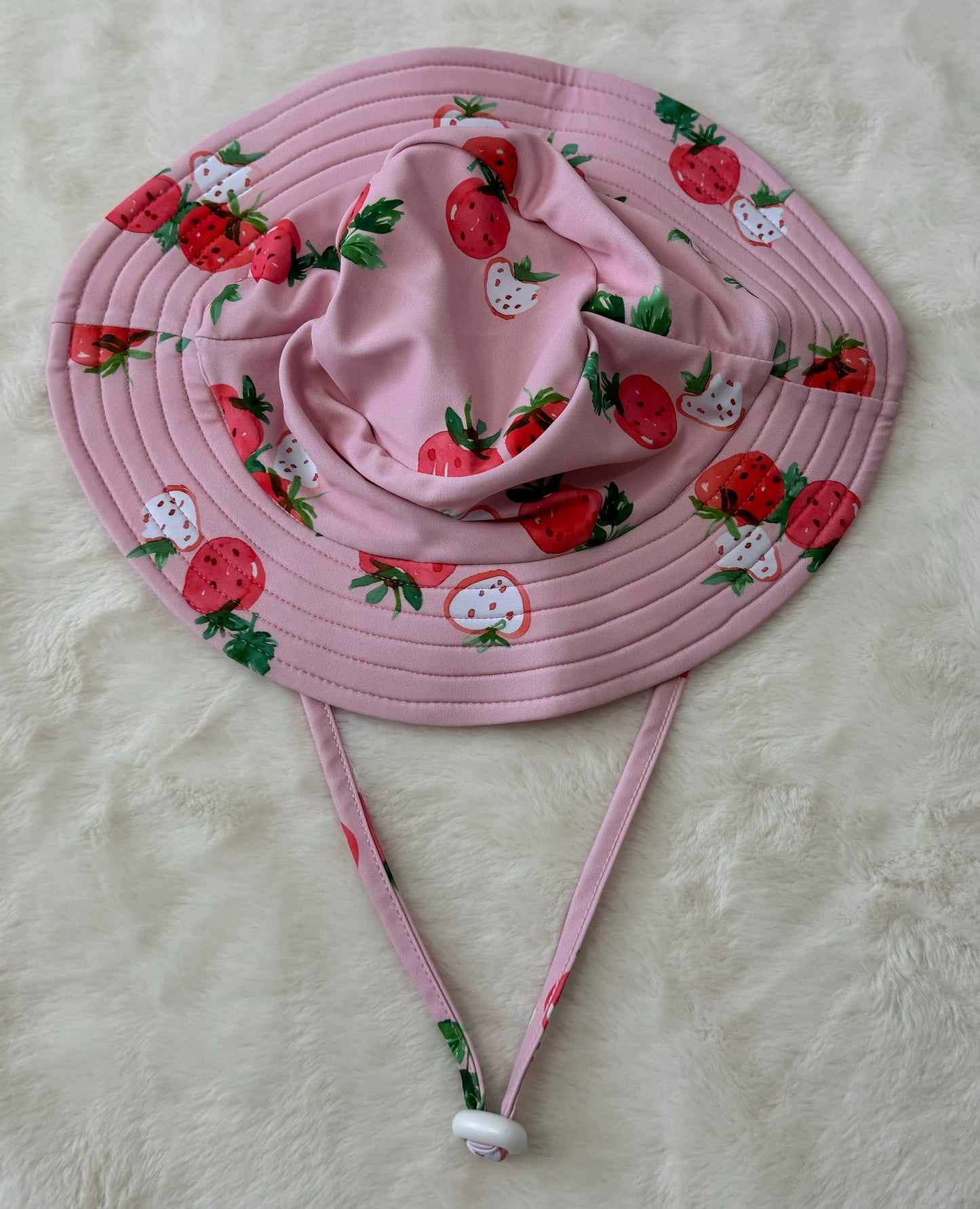 White and Pink Stripe Strawberry Print Sun Hat