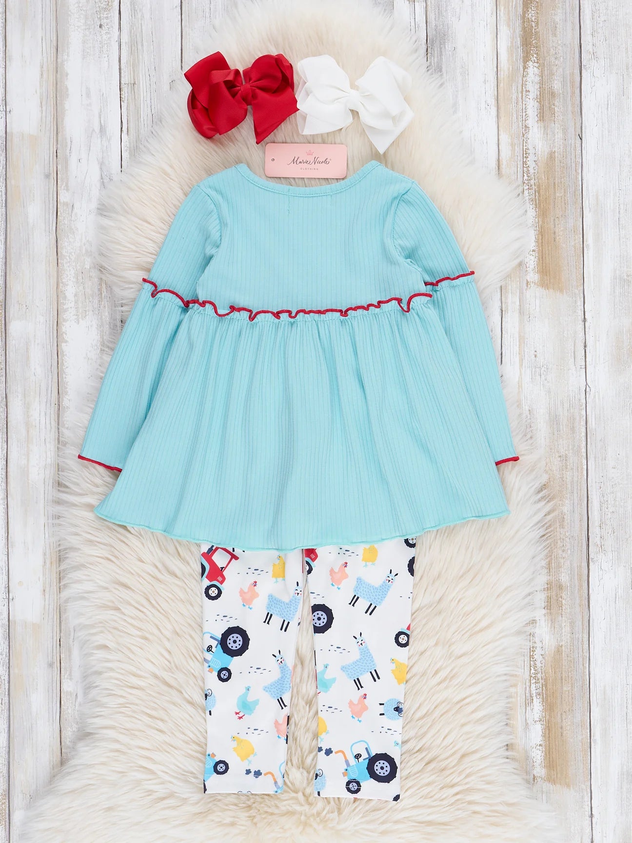 Teal Ribbed Gingham Tractor Ruffle Outfit