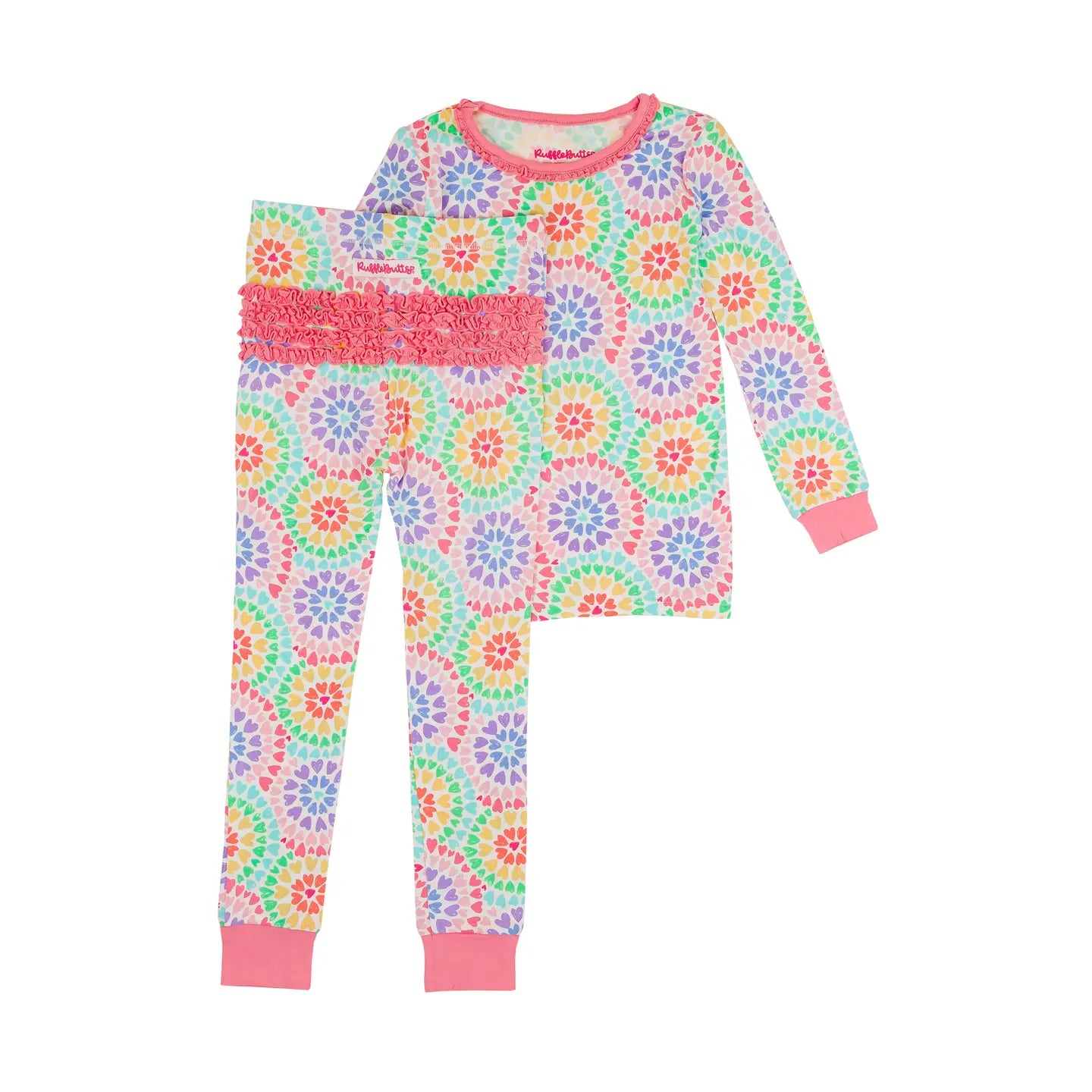 Toddler Girls Rainbow Kaleidoscope Hearts Bamboo Viscose Ruffle Long Sleeve Pajama Set