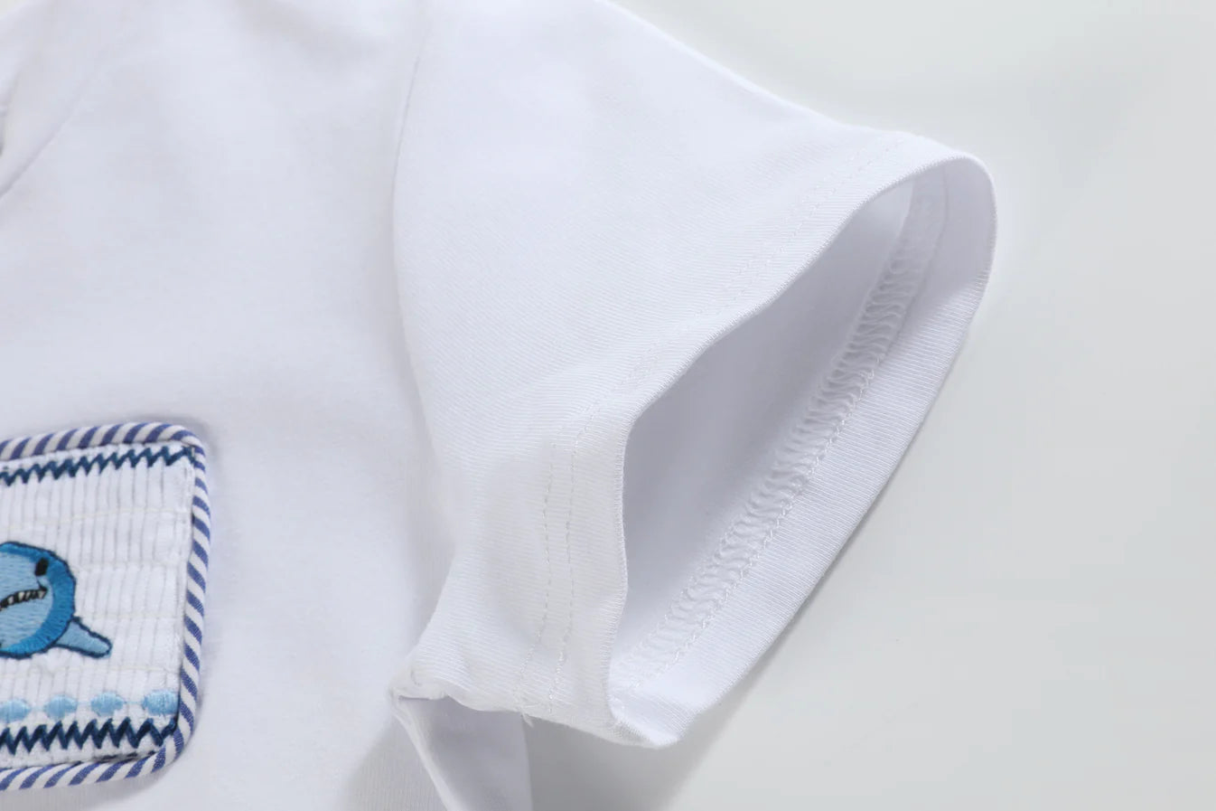 White Shark Smocked Tee and Navy Stripe Shorts Set