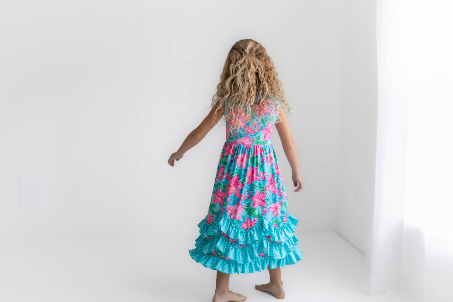 Kids Pink Blue Tropical 3 Ruffle Spring Summer Easter Dress