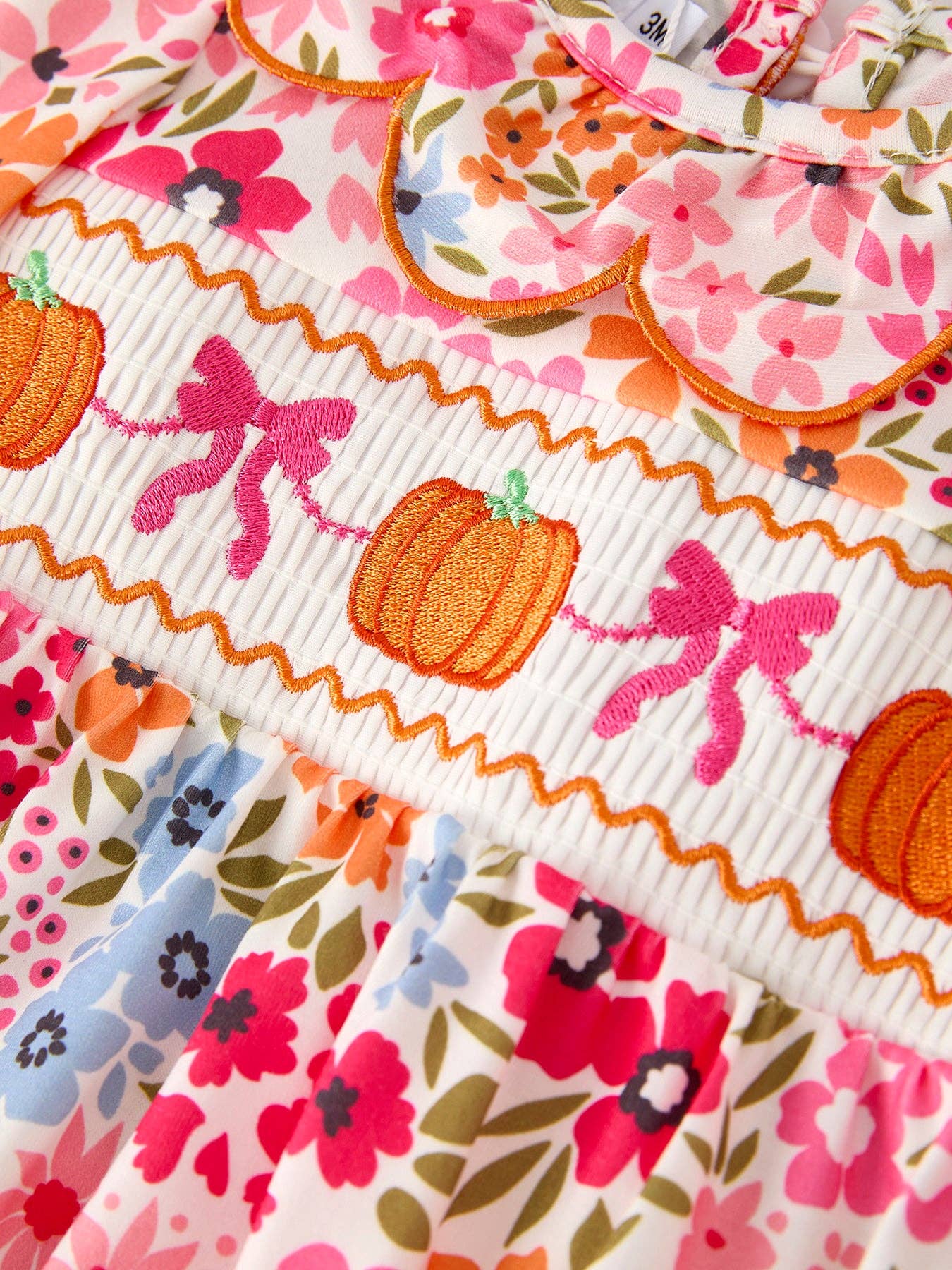 Pumpkin Bow Smocked Embroidered Floral Baby Girl Romper