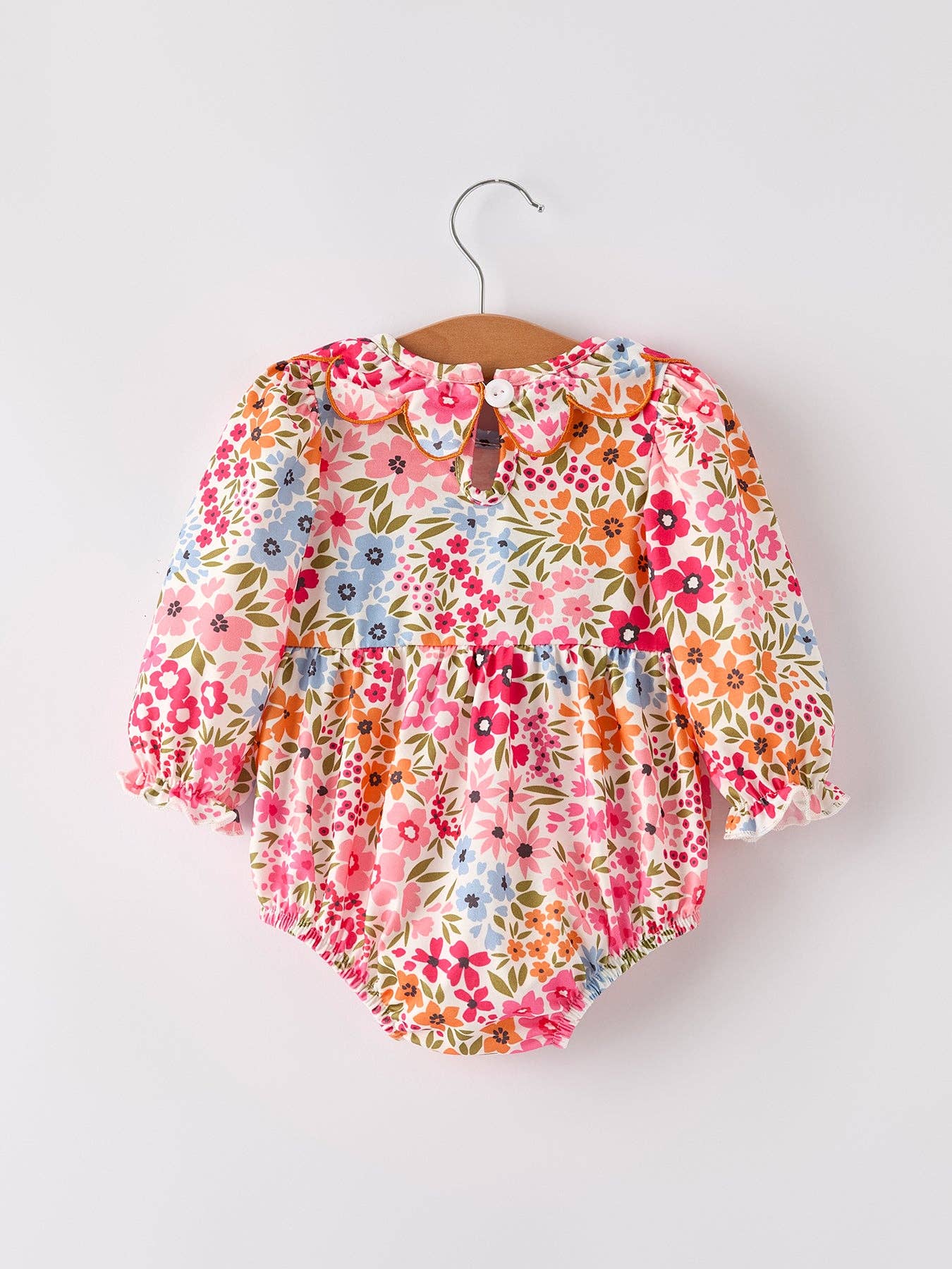 Pumpkin Bow Smocked Embroidered Floral Baby Girl Romper