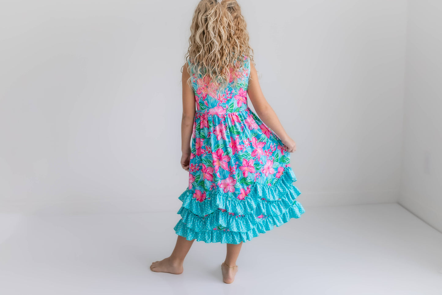 Kids Pink Blue Tropical 3 Ruffle Spring Summer Easter Dress