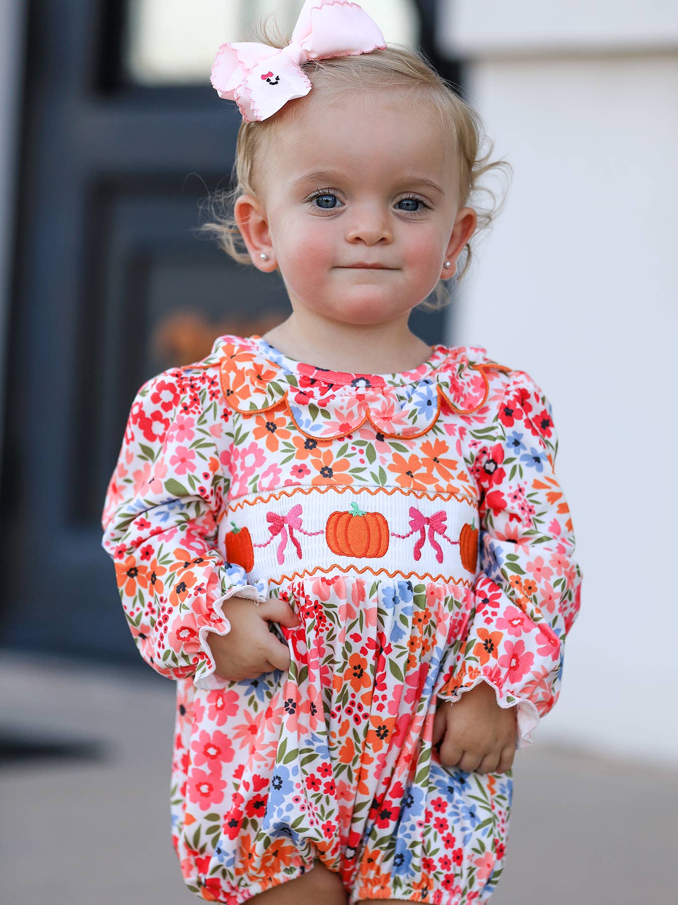 Pumpkin Bow Smocked Embroidered Floral Baby Girl Romper