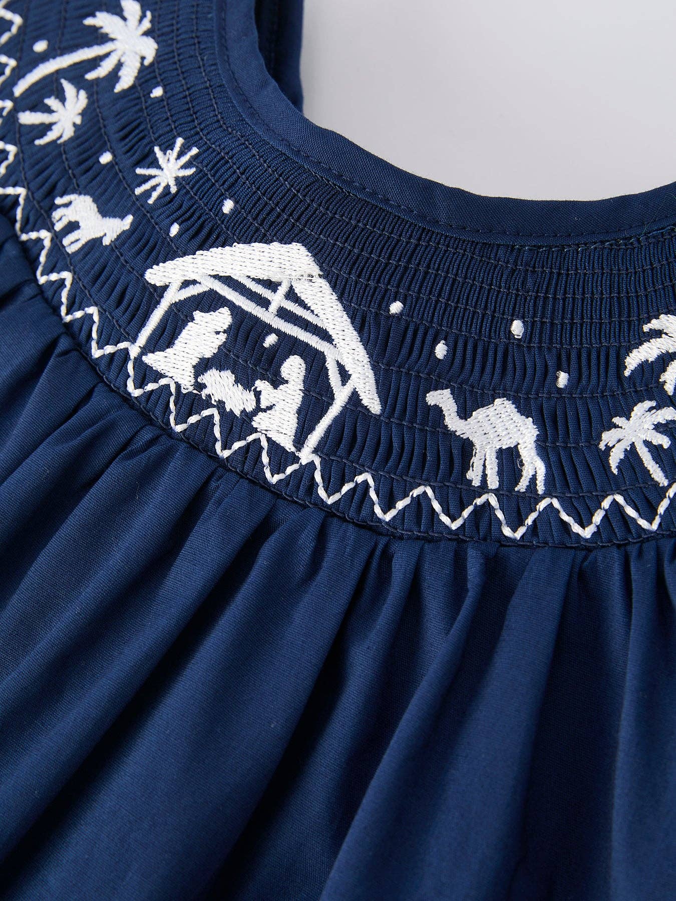 Christmas Navy Blue Nativity Smocked Embroidered Dress