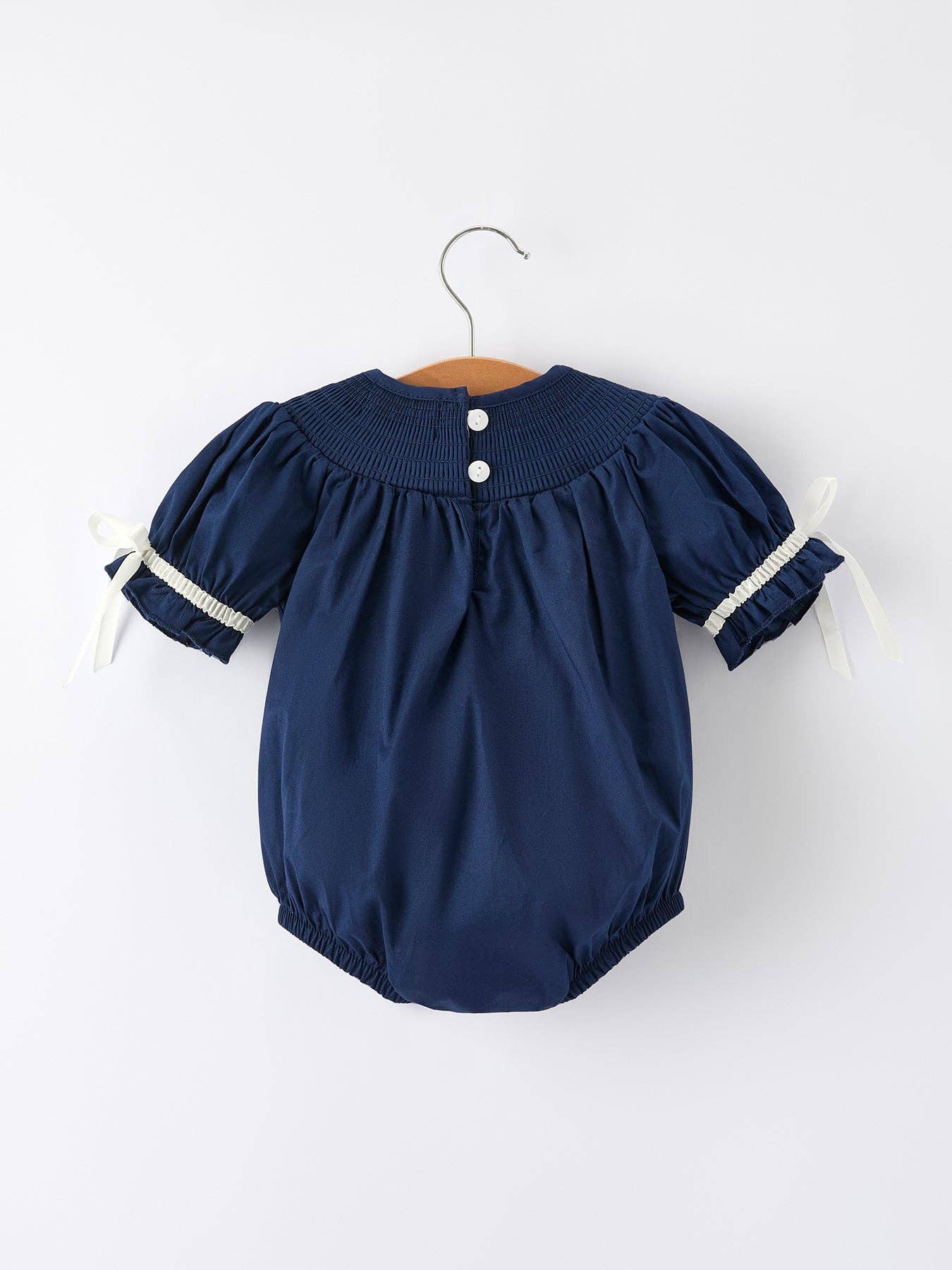 Navy Blue Nativity Smocked Embroidered Baby Girls Christmas Romper