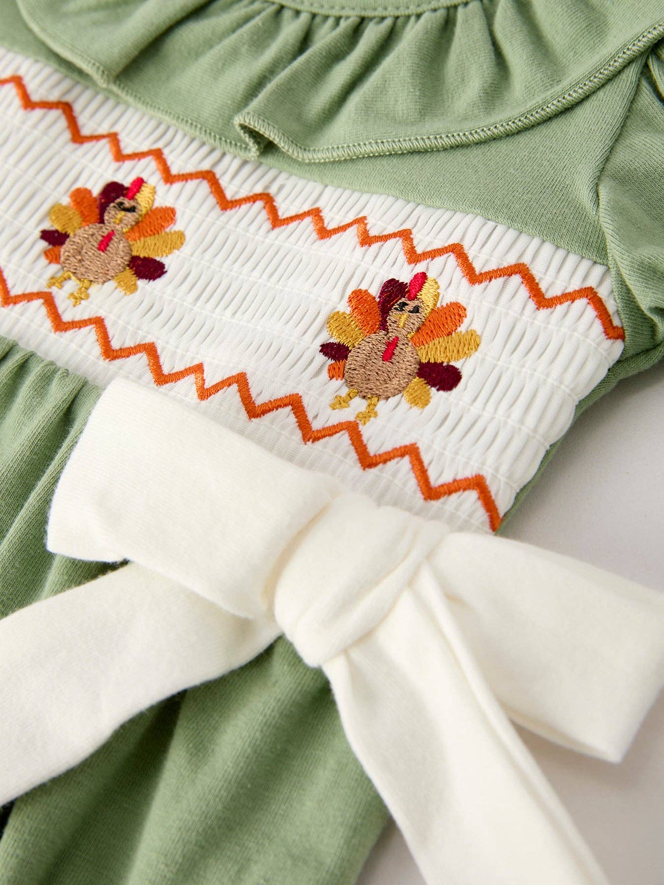 Fall Thanksgiving Smocked Embroidered Green Romper