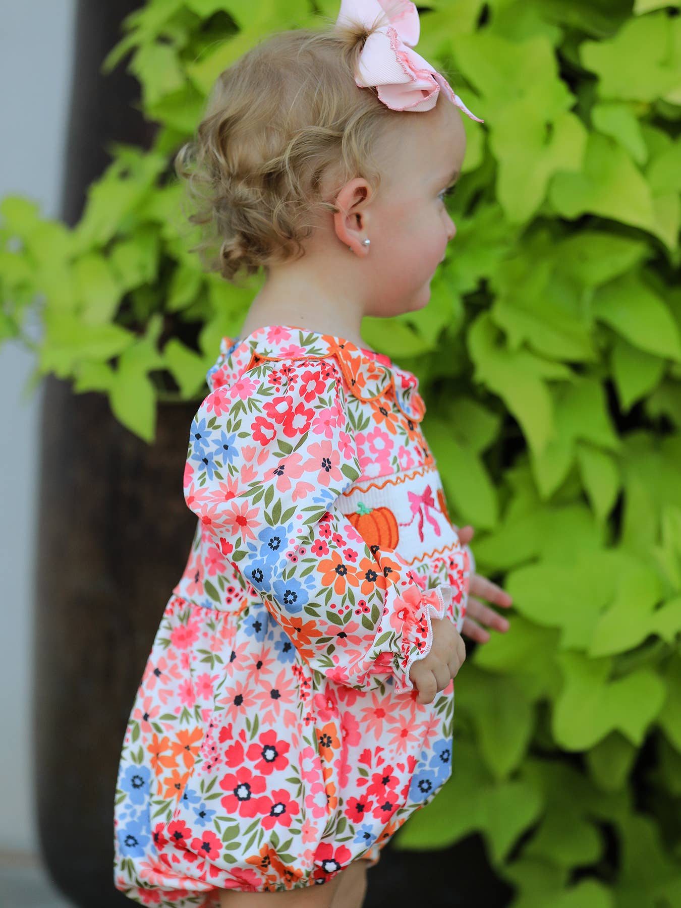 Pumpkin Bow Smocked Embroidered Floral Baby Girl Romper