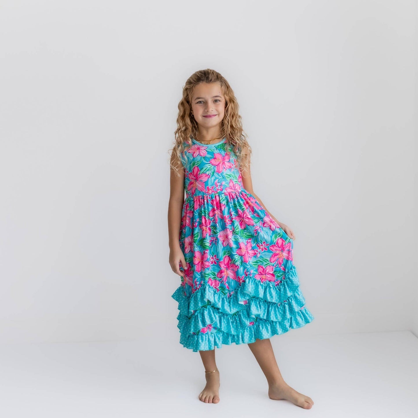 Kids Pink Blue Tropical 3 Ruffle Spring Summer Easter Dress