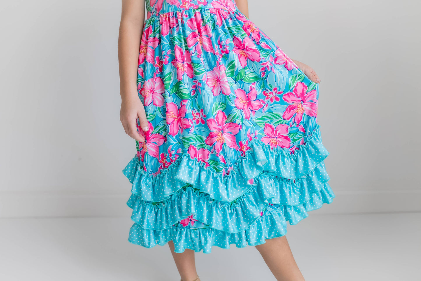 Kids Pink Blue Tropical 3 Ruffle Spring Summer Easter Dress