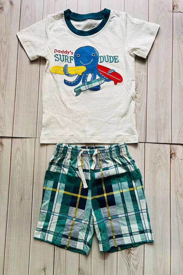 Daddy's Surf Dude White and Green Checkered Shorts Set
