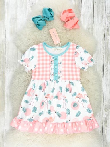 Coral Gingham Flamingo Ruffle Dress
