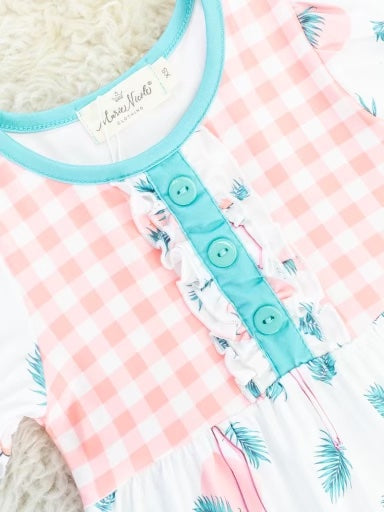 Coral Gingham Flamingo Ruffle Dress