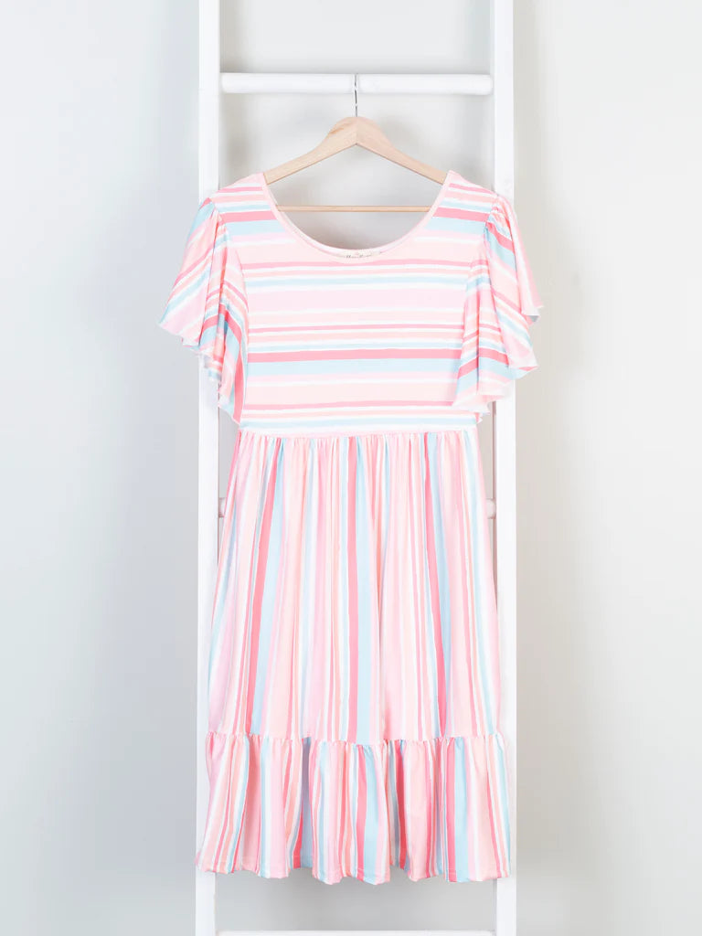 Mom & Me Tiered Coral Stripe Ruffle Dress - Girls