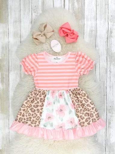 Peach Floral Leopard Ruffle Dress