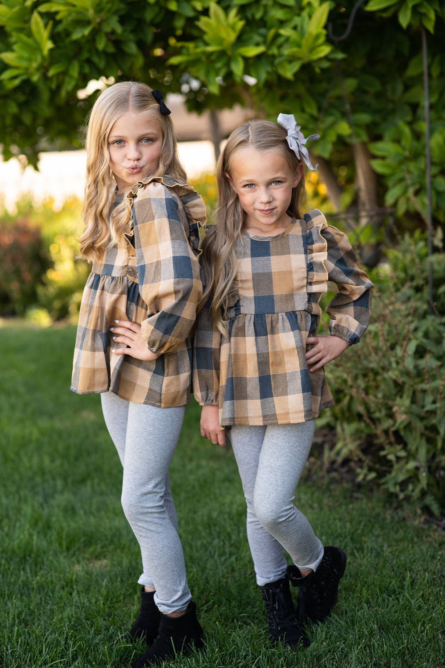 Girls Mustard & Gray Plaid Ruffle Button Set
