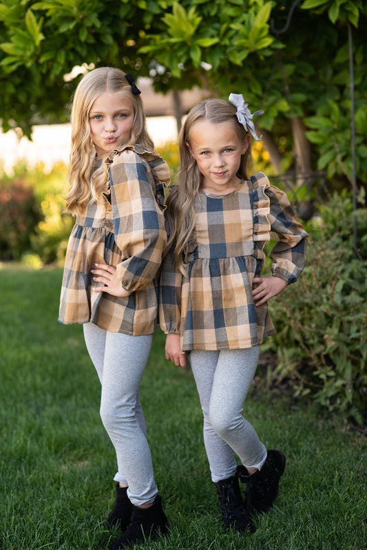 Girls Mustard & Gray Plaid Ruffle Button Set