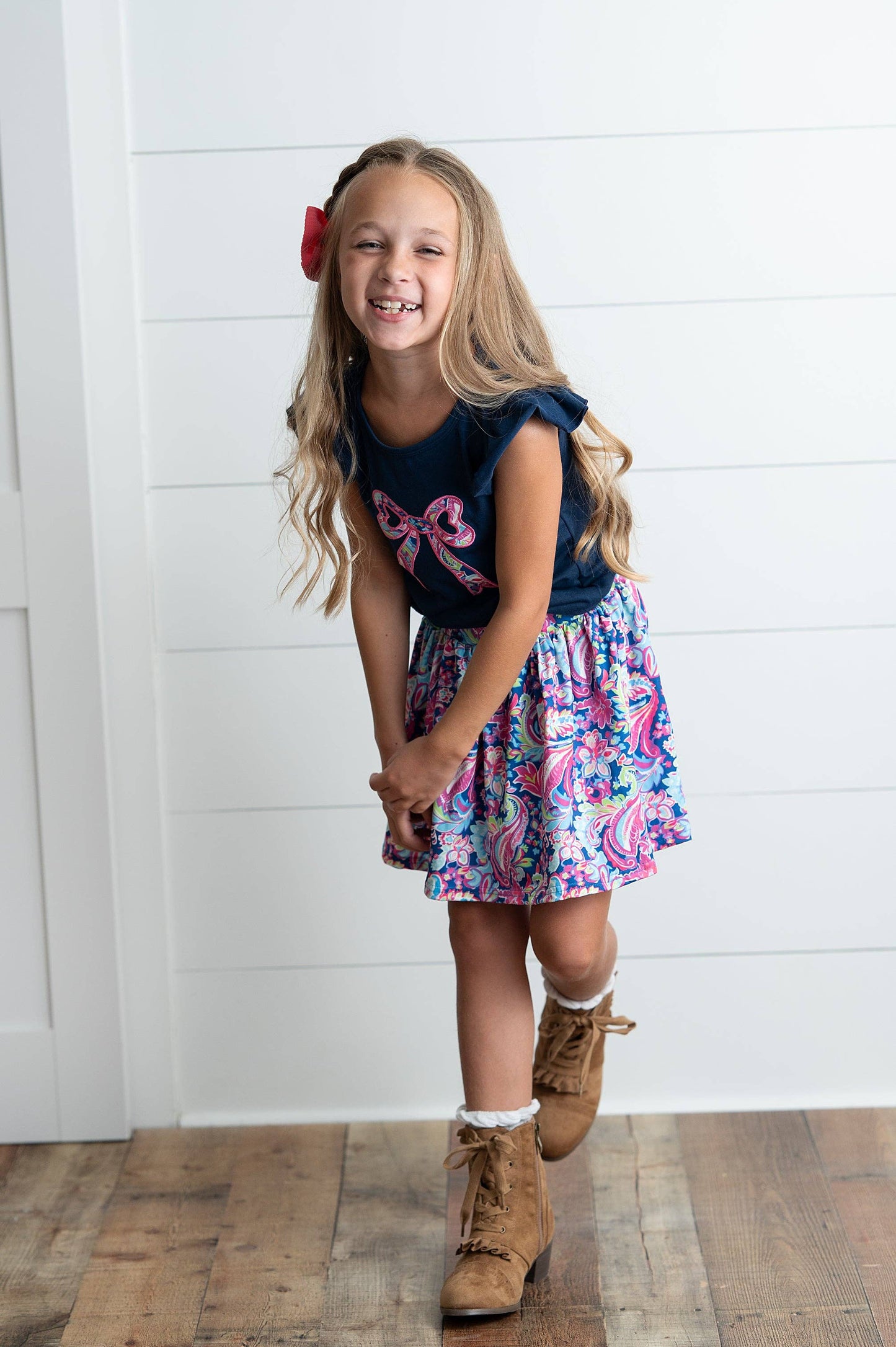 Girls Navy Pink Floral Bow Spring Summer Skort Set