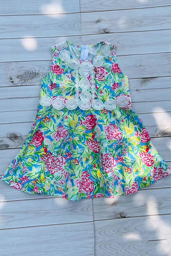 Girls Floral Print & White Lace Trim Dress