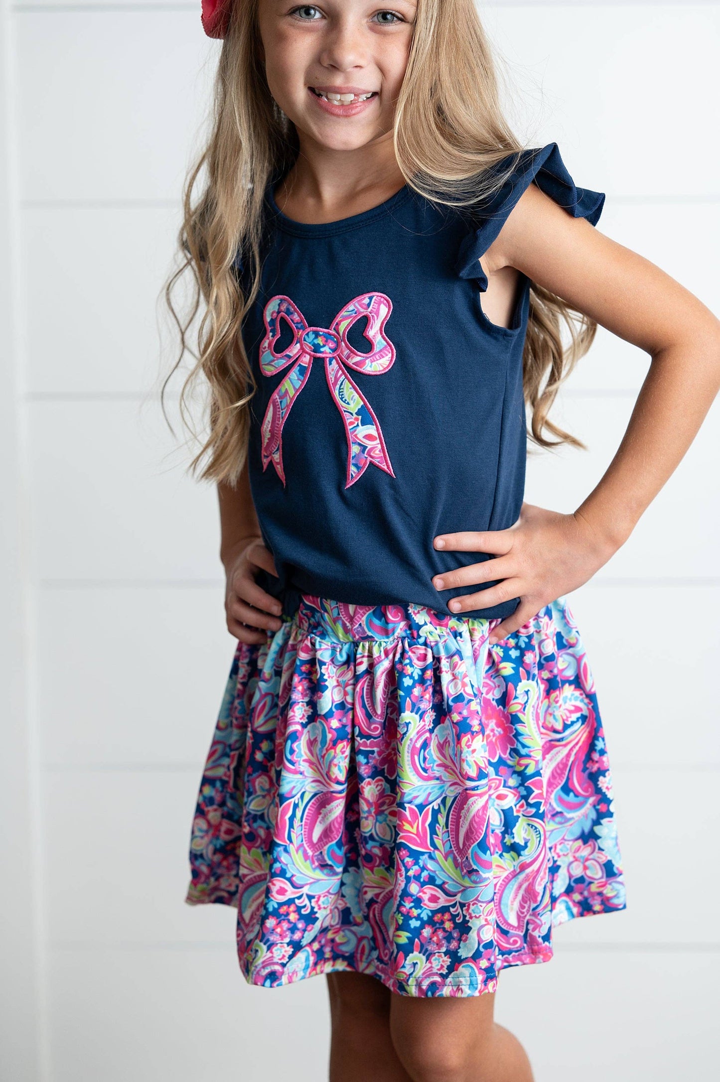 Girls Navy Pink Floral Bow Spring Summer Skort Set