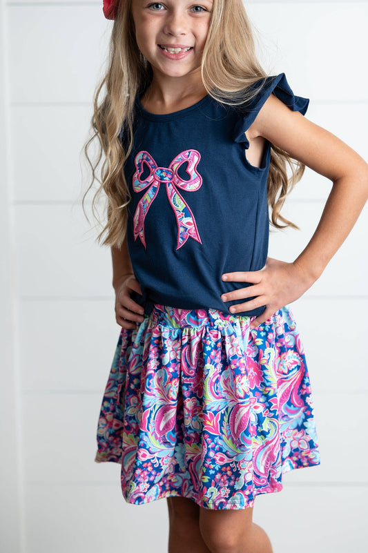 Girls Navy Pink Floral Bow Spring Summer Skort Set