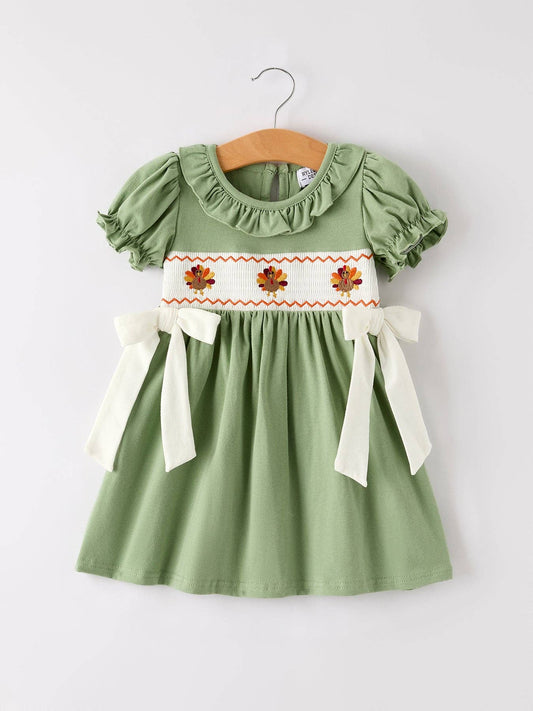 Fall Thanksgiving Smocked Embroidered Green Dress