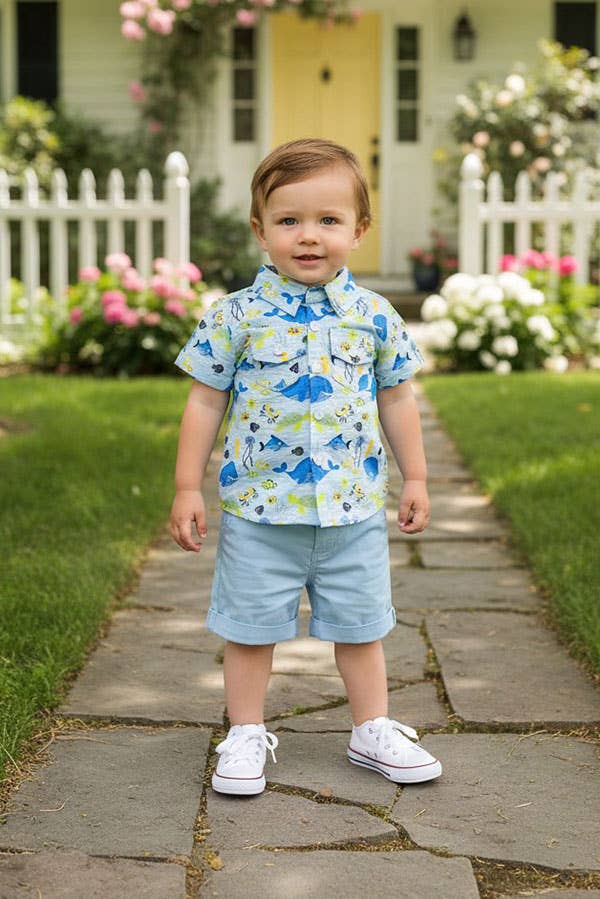 Whale & Fish Shirt & Blue Shorts Set