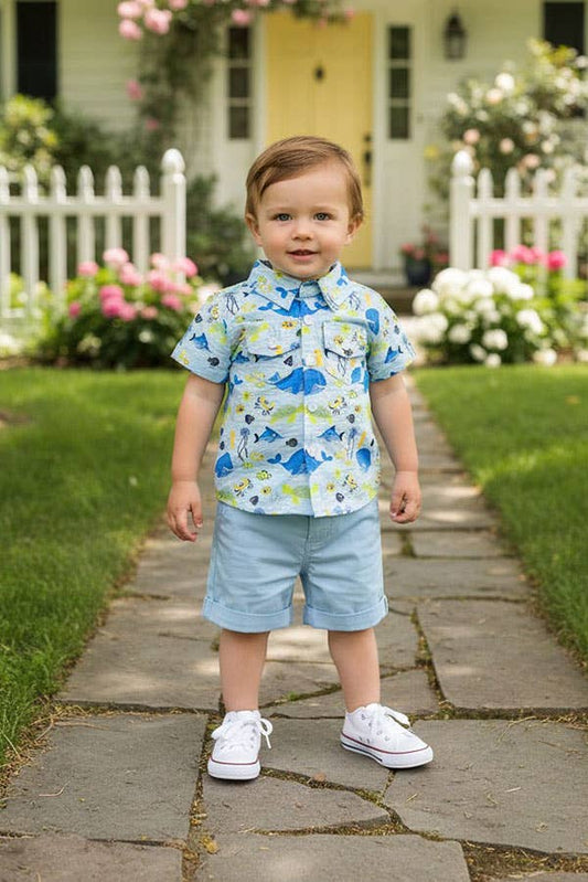 Whale & Fish Shirt & Blue Shorts Set