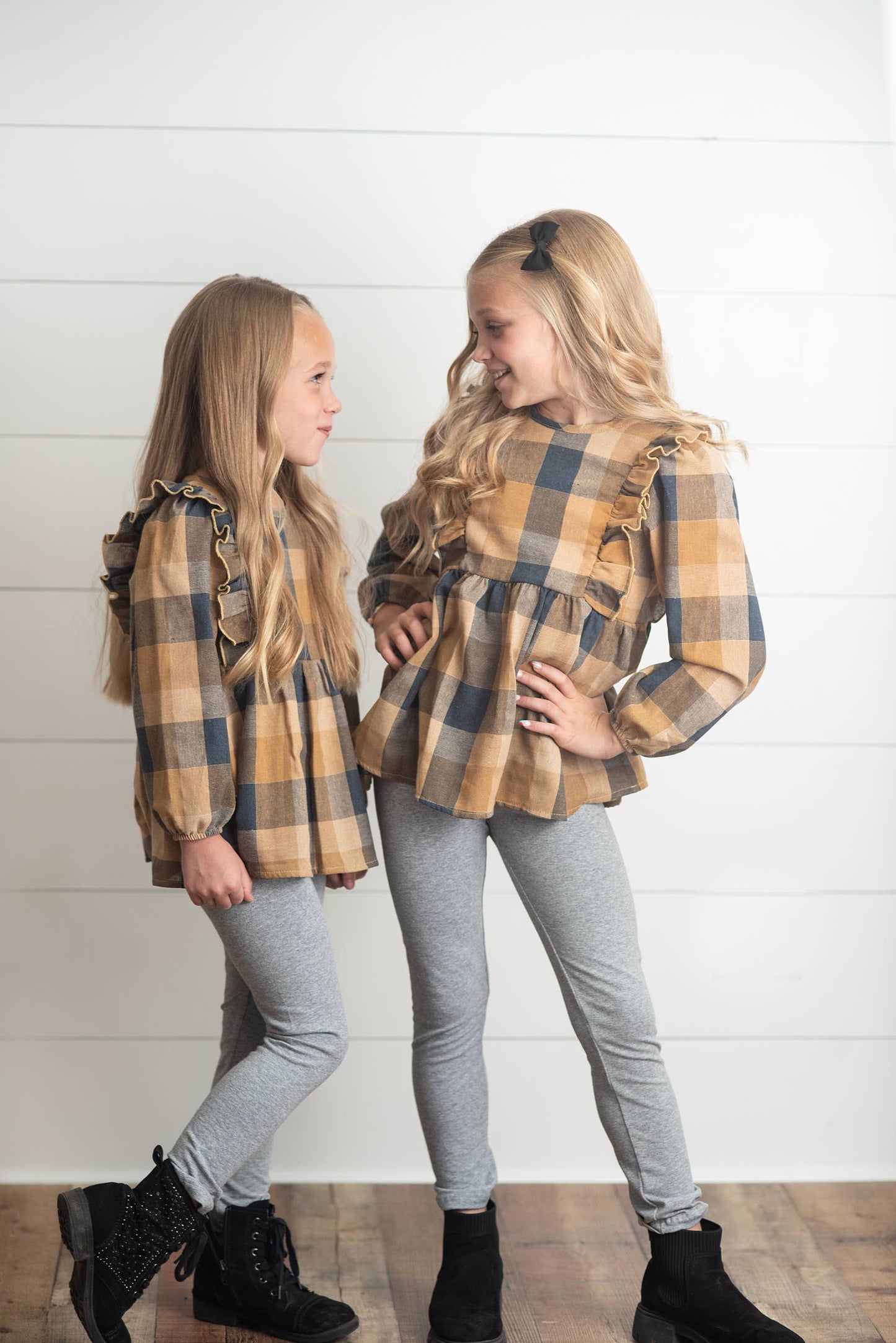 Girls Mustard & Gray Plaid Ruffle Button Set