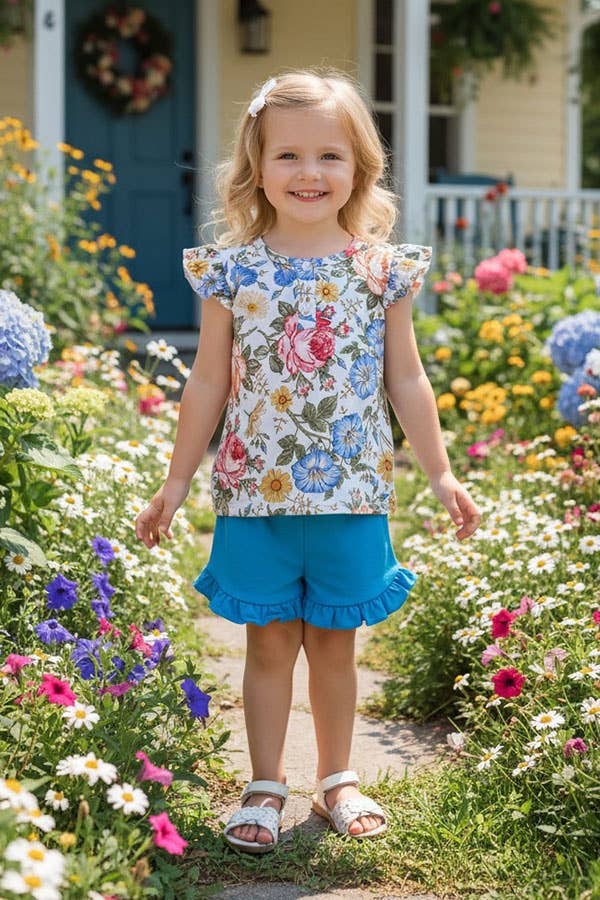Floral Top & Blue Shorts Set