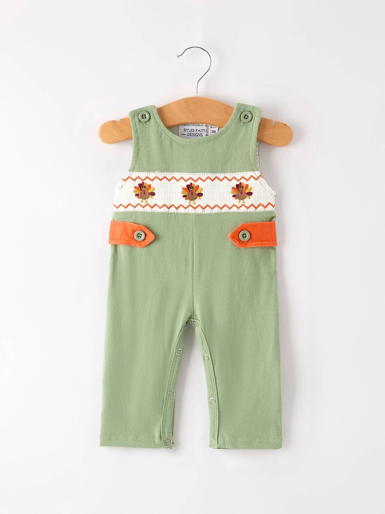 Fall Thanksgiving Turkey Smocked Embroidered Green Boys Romper