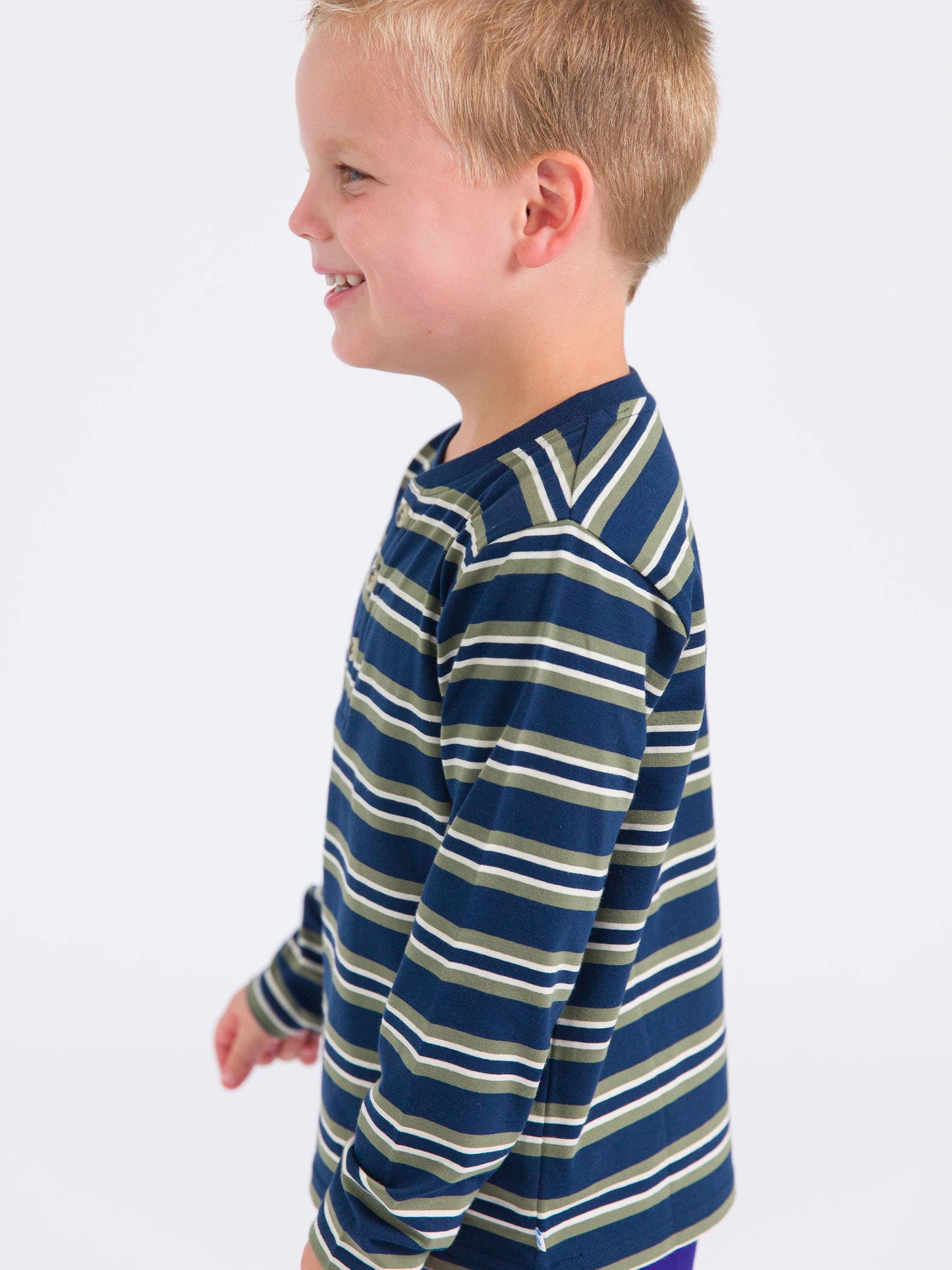 Boys Dark Navy & Olive Stripe Knit Long Sleeve Henley Tee