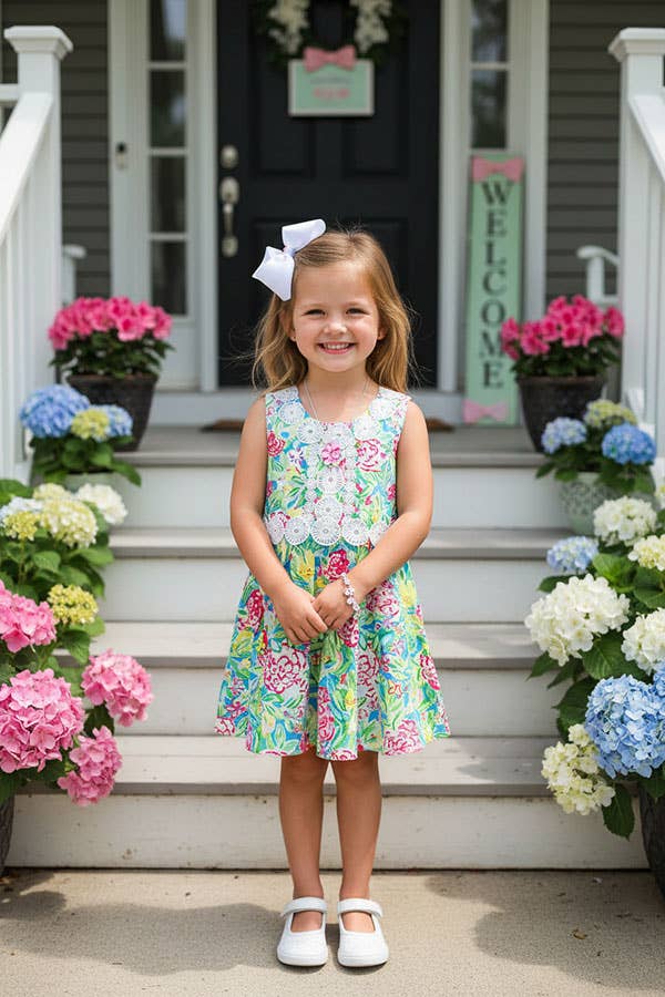 Girls Floral Print & White Lace Trim Dress