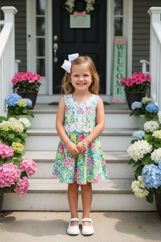 Girls Floral Print & White Lace Trim Dress