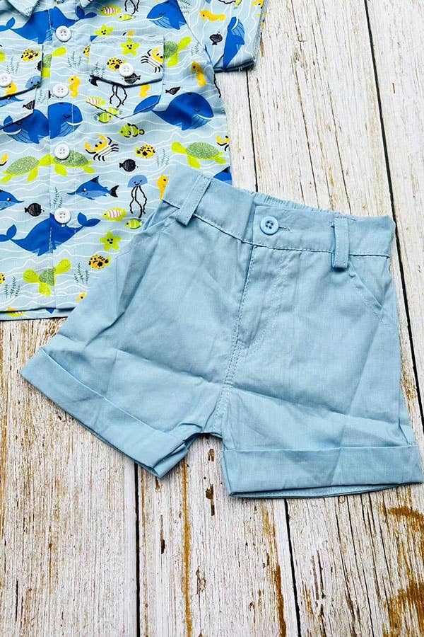 Whale & Fish Shirt & Blue Shorts Set
