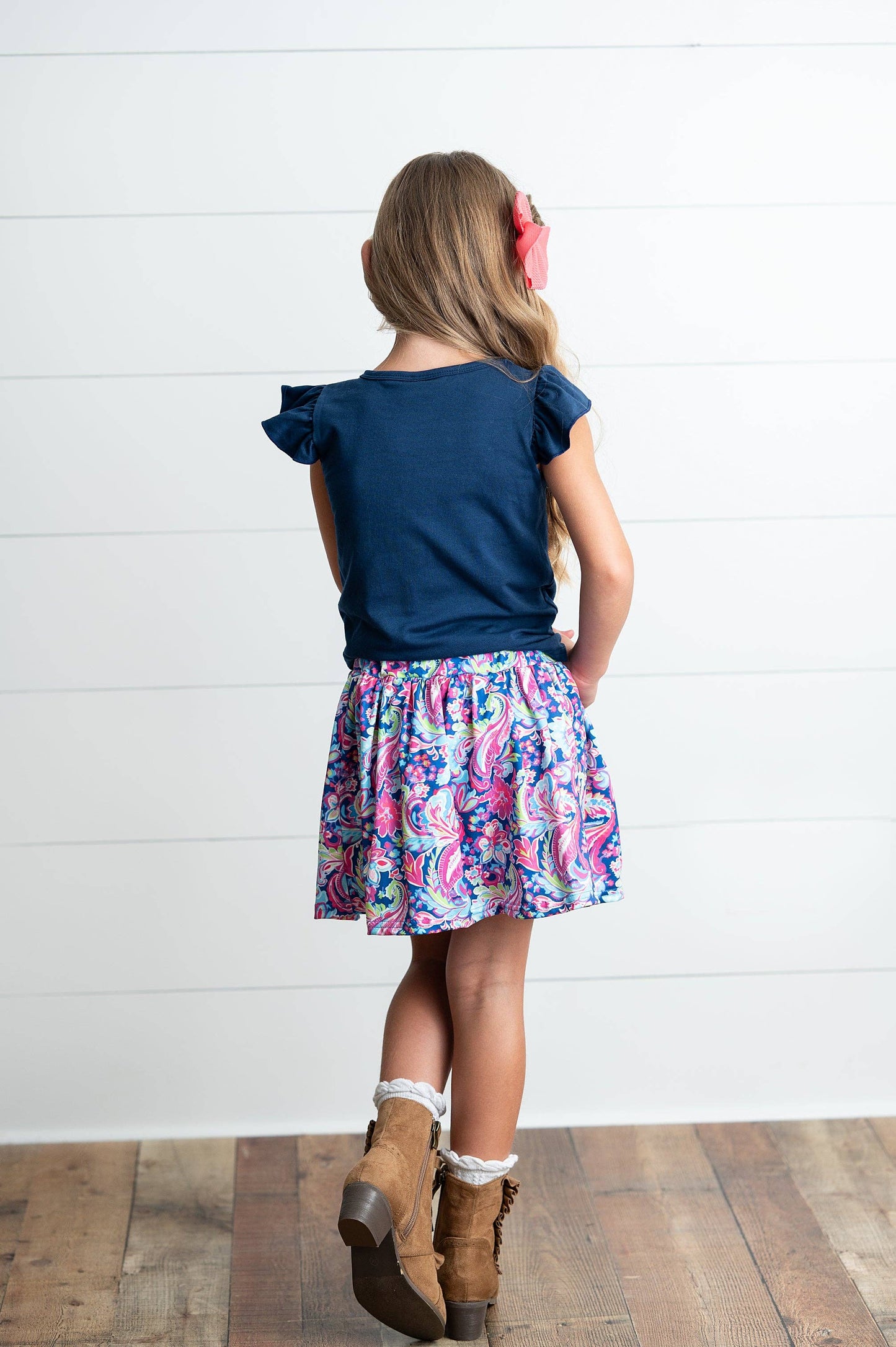 Girls Navy Pink Floral Bow Spring Summer Skort Set