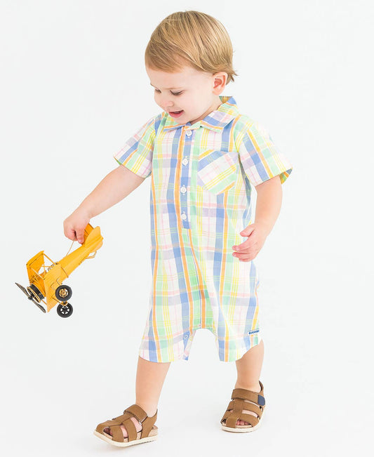 Baby Boys Clubhouse Rainbow Plaid Short Sleeve Woven Button-Up Romper